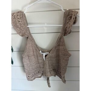 BCBGeneration Taupe Knit Crop Top Ruffle Sleeve Pointelle Boho XXS